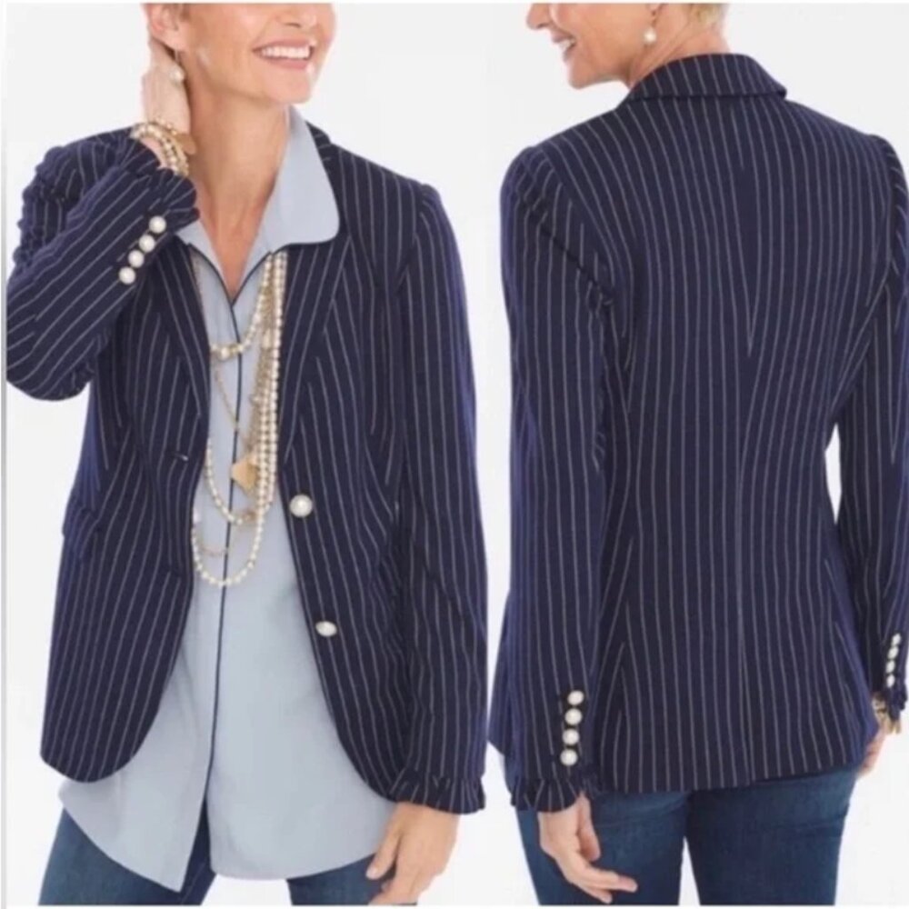 Chico's Navy Blue White Stripe Pearl Button Blazer Jacket Sz LP